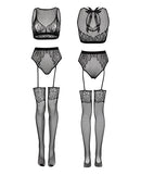 Fifty Shades of Grey Captivate Lacy Bra Set Black featuring lace and fishnet details, inclusive of bra, knickers, and suspenders.