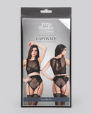 Fifty Shades of Grey Captivate Lacy Bra Set Black displayed on packaging with models showcasing the design.