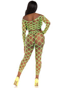 2 Pc Net Crop Top and Footless Tights One Size Neon Green showing off a bold layered look in fishnet style.