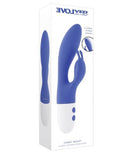 Funny Bunny Rechargeable Silicone Rabbit Vibrator Blue in its packaging, showcasing its sleek design and features.