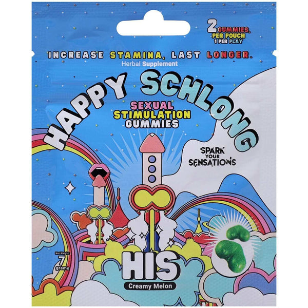 Happy Schlong Sexual Stimulation Gummies packaging, featuring vibrant colors and 'Creamy Melon' flavor.