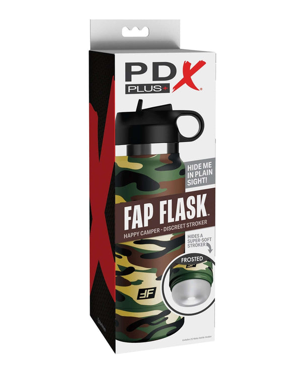 PDX Plus Fap Flask Happy Camper packaging with camo design for discreet stroker use.