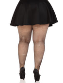 Leg Avenue Colby Rhinestone Fishnet Tights 1X/2X Black showcased on legs under a black skirt, featuring rhinestones.