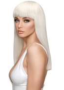 Odessa Premium Stylable Wig Platinum on a model with sleek, straight platinum hair and stylish bangs.