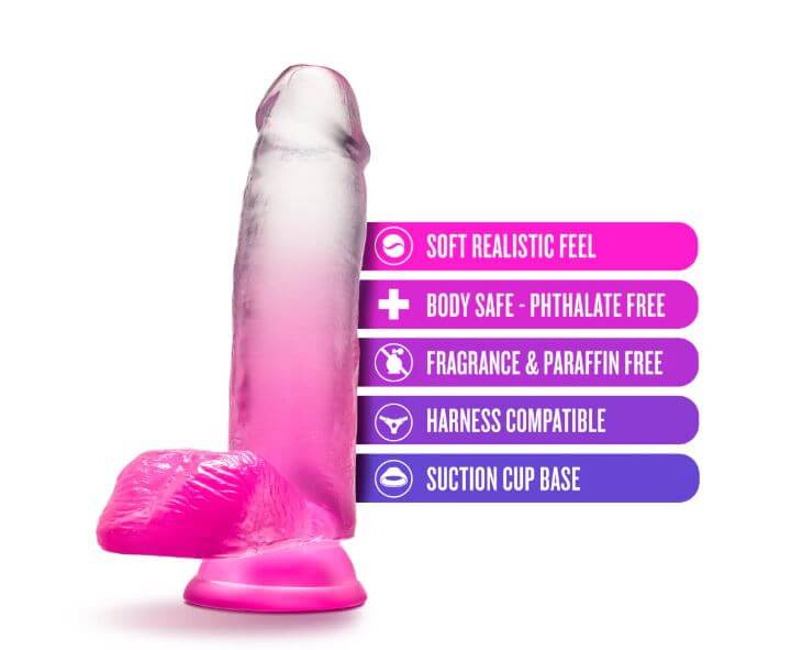B Yours Sugar Magnolia 7" fuchsia dildo with suction cup base and features like body-safe and harness compatible.