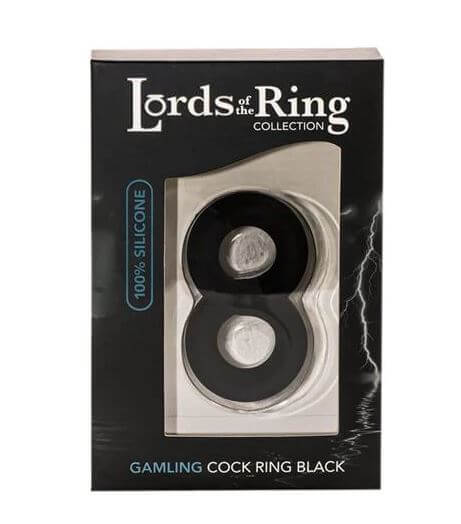 Lord of The Cock Rings Gamling black silicone cock rings packaging with label and display.