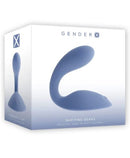 Gender X Shifting Gears Rechargeable Grind Pad Vibrator Blue product packaging with sleek design and curved shape.