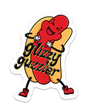 Glizzy guzzler sticker featuring an animated hot dog character with a happy expression.