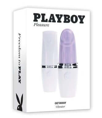 Playboy Getaway Tapping Toy in Lipstick Design packaging, waterproof and USB rechargeable with 7-speed settings for on-the-go pleasure.