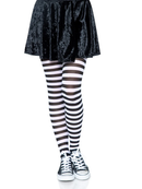 Leg Avenue Jada Nylon Striped Tights Black White One Size worn with a black skirt and sneakers.
