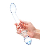 Glas 9.5 Inch Double Play Dual Ended Dildo Clear held in hand, showcasing elegant glass design and versatile play features.