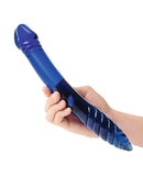 Hand holding a Glas 11 Inch Double Sided G-Spot and P-Spot Glass Dildo, showcasing its sleek blue design and ribbed texture.