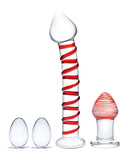 Glas 4 Piece Mr Swirly Kegel Balls and Butt Plug Set Red featuring glass pleasure pieces in red and clear finish.