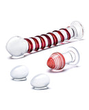 Glas 4 Piece Mr Swirly Kegel Balls and Butt Plug Set Red displayed with smooth glass pieces in red and white colors.