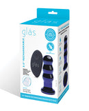Glas 3.5 Inch Rechargeable Vibrating Beaded Butt Plug Blue packaging with remote control, highlighting features and design.