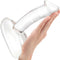 Gläs 7.5 Inch Rideable Standing Glass Cock with Stability Base in hand showing veiny shaft