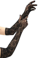 Elegant black lace opera gloves, full-length and sophisticated, perfect for adding glamour to any outfit.