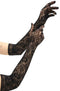 Elegant black lace opera gloves, full-length and sophisticated, perfect for adding glamour to any outfit.