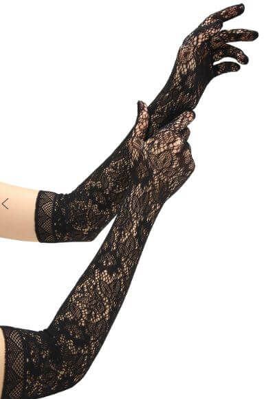 Elegant black lace opera gloves, full-length and sophisticated, perfect for adding glamour to any outfit.