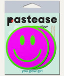 Neon Green Glow-in-the-Dark Pink Smiley Face Breast Pasties packaged and ready for confident nightlife styling.