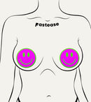 Neon Green Glow-in-the-Dark Pink Smiley Face Breast Pasties on a stylized body outline.