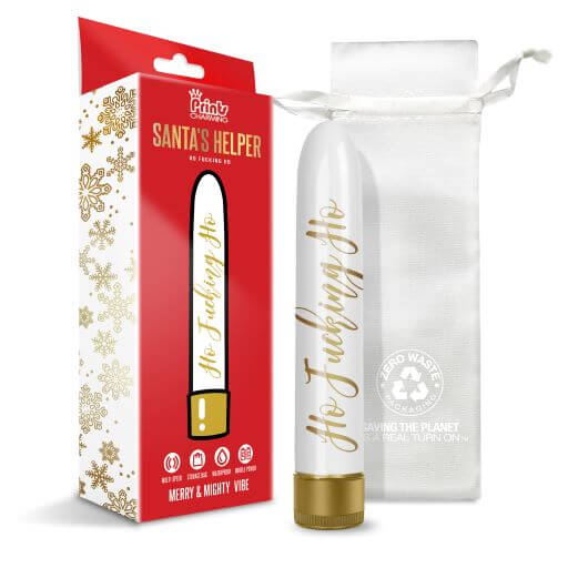 Prints Charming Santa's Helper Ho Fucking Ho Vibe, multi-speed vibrator with festive packaging and storage pouch.