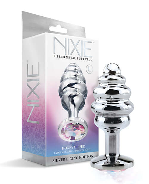 NIXIE HONEY DIPPER LARGE RIBBED STAINLESS STEEL PLUG-0