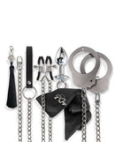 Nixie Interchangeable 8 Piece Bondage Kit Silver, featuring chains, cuffs, and accessories for power play.