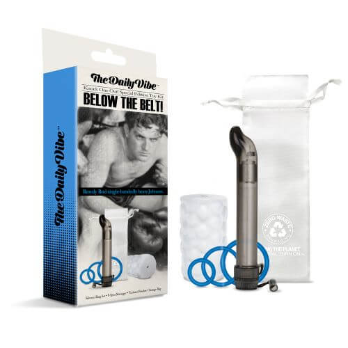 The Daily Vibe Below The Belt Kit featuring silicone rings, prostate massager, stroker, and storage bag.