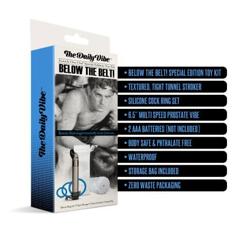 The Daily Vibe Below The Belt Kit features silicone rings, prostate massager, stroker, and storage bag for optimal pleasure.