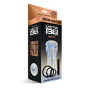MSTR B8 Vibrating Stroker Pack Hand Cuff 5 Piece Set packaging featuring textured sleeve, vibrating bullet, and silicone rings.