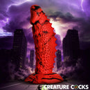 Creature Cocks Gojira Silicone Dildo against a dramatic stormy city background with bold textures.