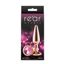 Rear Assets Chrome Tapered Anal Plug Medium Rose Gold in elegant packaging with a decorative gem.