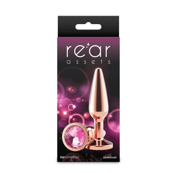 Rear Assets Chrome Tapered Anal Plug Medium Rose Gold in elegant packaging with a decorative gem.