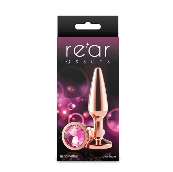 Rear Assets Chrome Tapered Anal Plug Medium Rose Gold in elegant packaging with a decorative gem.