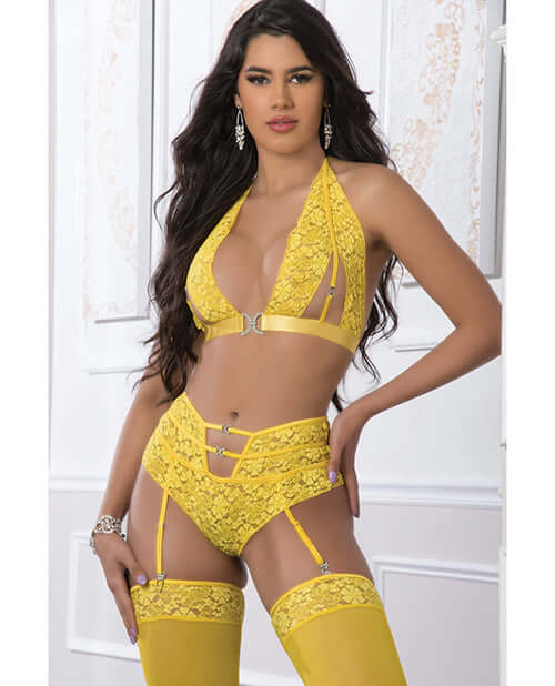 3PC HIGH WAIST GARTER LACED PANTY SET ILLUMINATING O/S-0