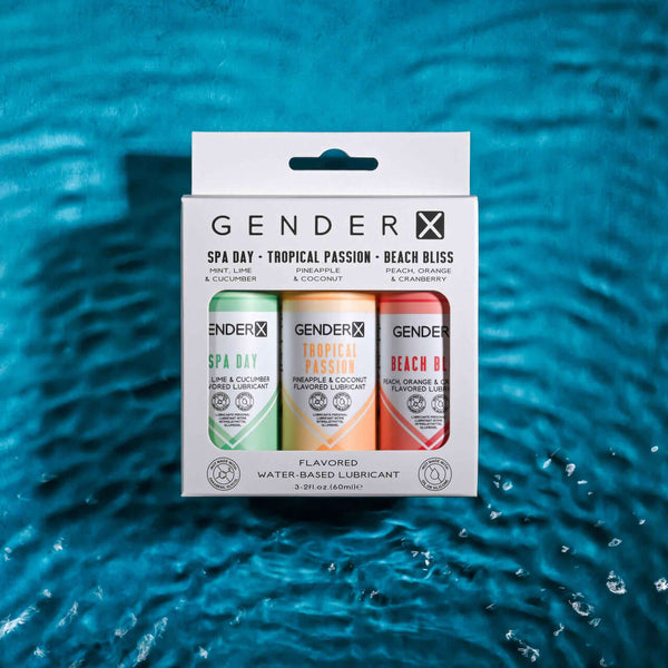 Gender X Flavored Lube Travel 3-Pack featuring Spa Day, Tropical Passion, and Beach Bliss in a water-based formula.