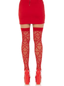 Leg Avenue Amore Heart Net Thigh Highs One Size Red paired with a red mini skirt and pumps, showcasing their playful pattern.