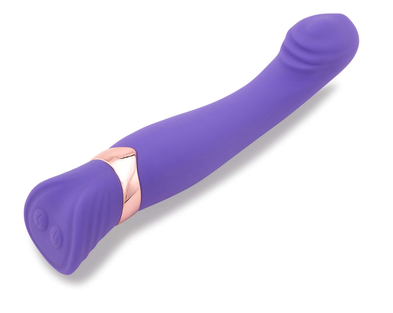 Nu Sensuelle Geminii XLR8 rechargeable silicone G-Spot vibrator in Ultra Violet with curved head and ridges.
