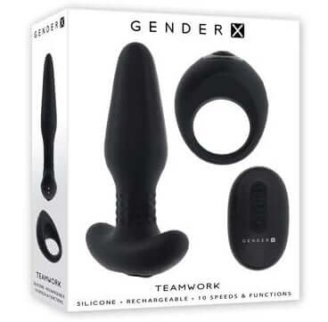 Gender X Team Work Dual Vibrating Remote-Control Toys with 10 Speeds, Rotating Beads, and Ergonomic Design in Black Packaging