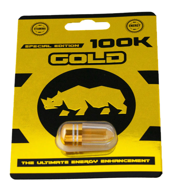 Rhino Gold 100K Special Edition capsule, premium herbal supplement for stamina and energy enhancement.