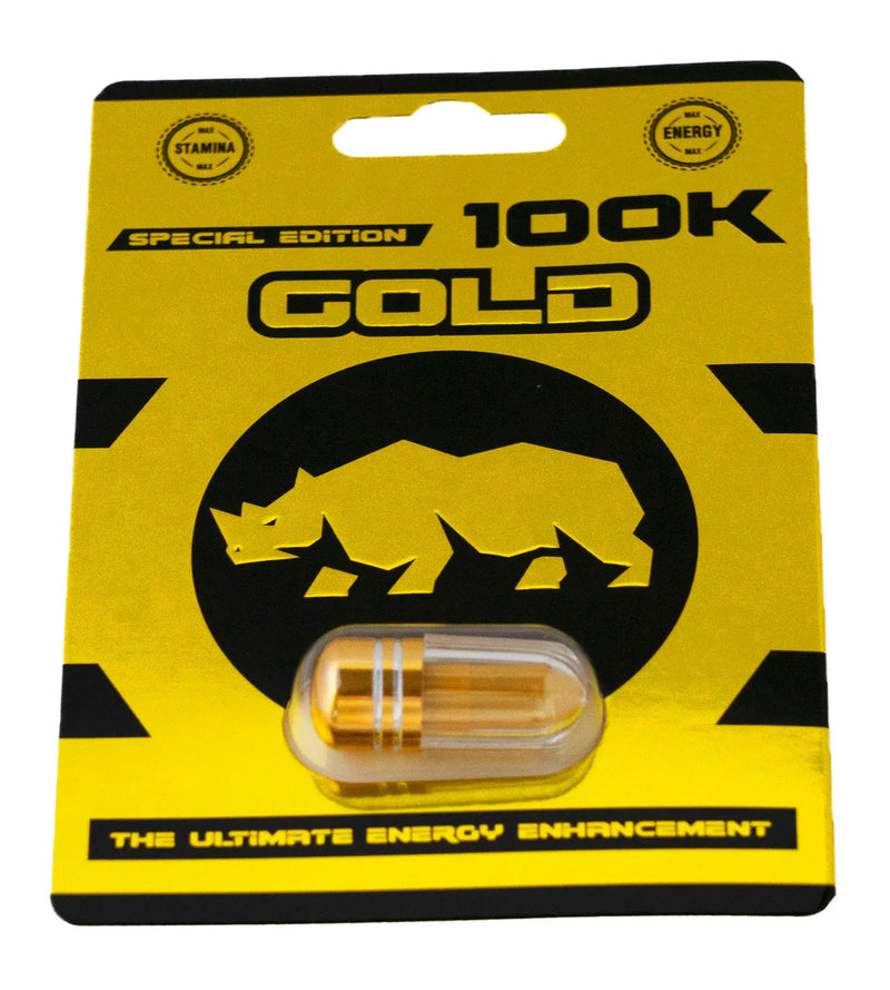 Rhino Gold 100K Special Edition capsule, premium herbal supplement for stamina and energy enhancement.