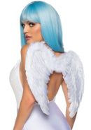 Leg Avenue Marabou Trimmed Feather Angel Wings White displayed on a model with blue hair, showcasing a fluffy angelic look.