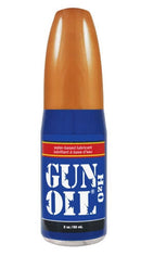 Gun Oil H2O Water-based Lubricant 2 Oz bottle with a blue label and gold cap, featuring water-based lubricant description.