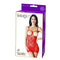 Red cupless mini dress lingerie packaging featuring a model, highlighting its sexy and alluring design for couples.