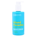 Coochy Shave Cream Island Paradise 8 Oz in a blue bottle with pump, promoting smooth and irritation-free shaving.