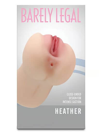 Barely Legal Heather Pussy Stroker packaging featuring realistic design for male masturbation. Close-ended for intense suction.