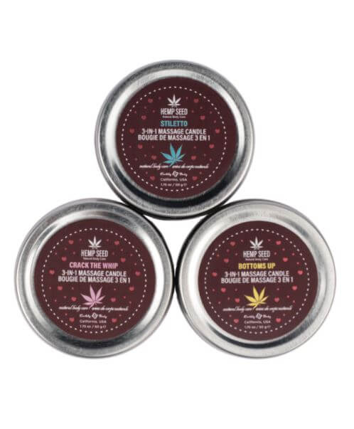 Earthly Body 2025 Hemp Seed 3 in 1 Valentine Candle Trio featuring Crack the Whip, Bottom's Up, and Stiletto.