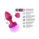 Viben Twila Twirling Light Up Vibrating Anal Plug Pink displaying 360-degree rotation, heart remote control, and colorful light options.