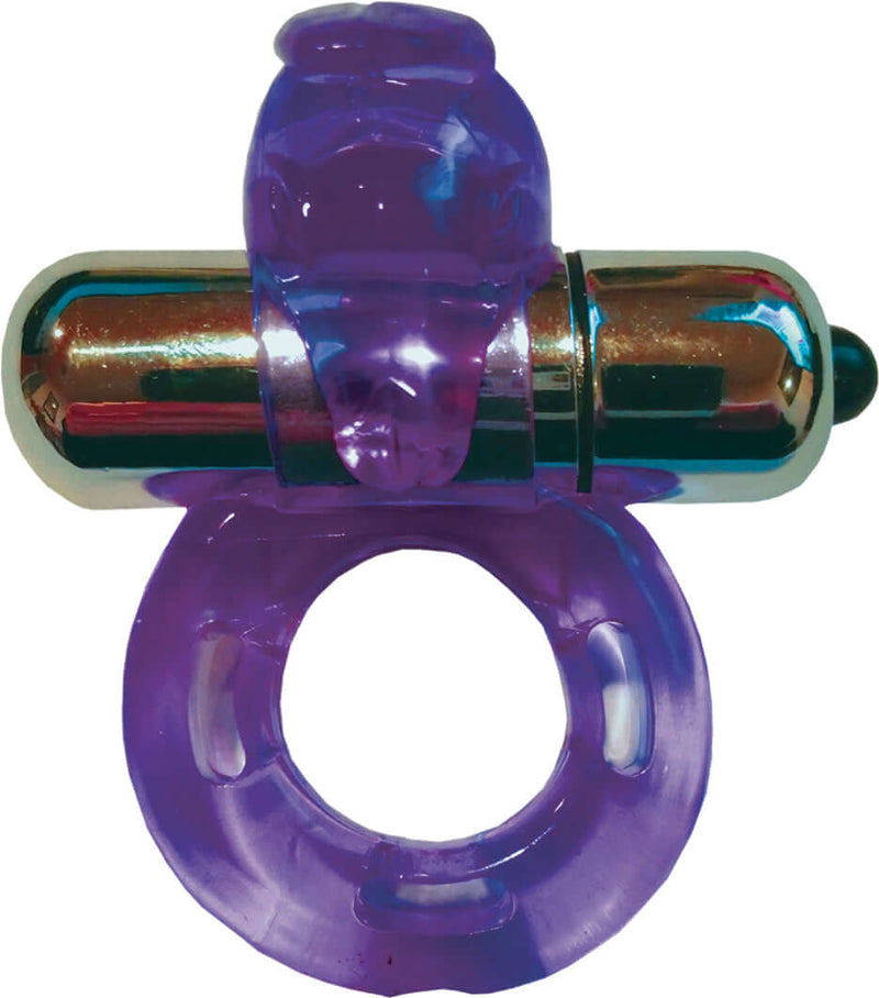 Purrfect Pets Vibrating Cock Ring Bunny in purple silicone with a vibrating bullet for enhanced pleasure.